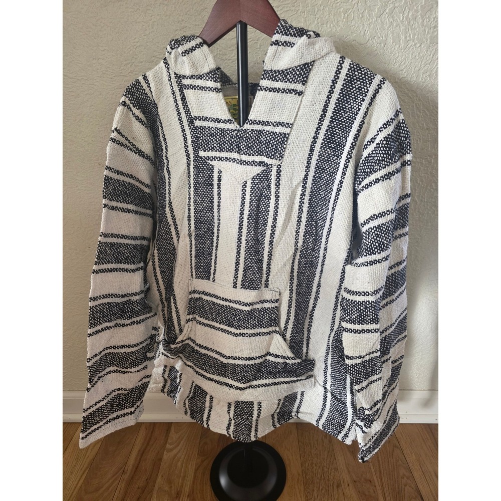 Iguana Jack Baja Hoodie‎ Womens Large Black White Striped Drug Rug Pullover NEW